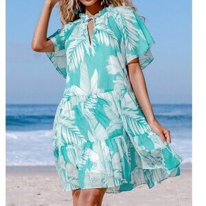 New Green White Floral Print Bathing Suit Coverup Dress Size XS